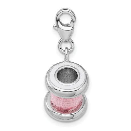 3-D Pink Spool Of Thread Clip-On Charm Pendant in Real 925 Sterling Silver