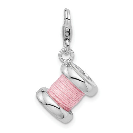 3-D Pink Spool Of Thread Clip-On Charm Pendant in Real 925 Sterling Silver
