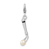 Golf Club With Cultured Pearl For Ball Clip-On Charm Pendant in Real 925 Sterling Silver