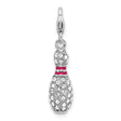 Sterling Silver Bowling Pin Charm Pendant with Pink Enamel Stripes and Crystal Accents