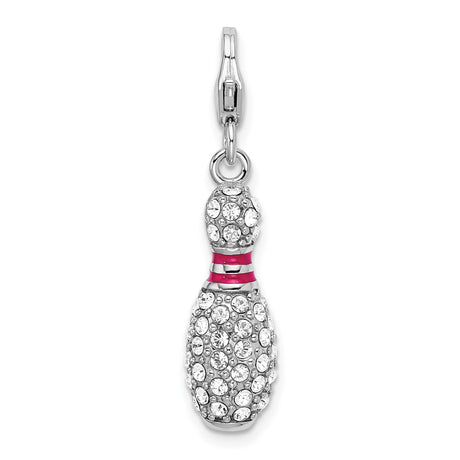 Sterling Silver Bowling Pin Charm Pendant with Pink Enamel Stripes and Crystal Accents