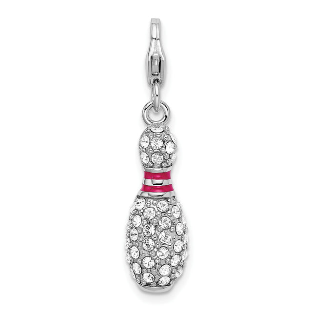 Sterling Silver Bowling Pin Charm Pendant with Pink Enamel Stripes and Crystal Accents