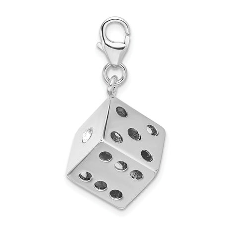 Sterling Silver Dice Charm Pendant with Black Enamel Dots and Crystal Accent, Unisex Novelty Jewelry