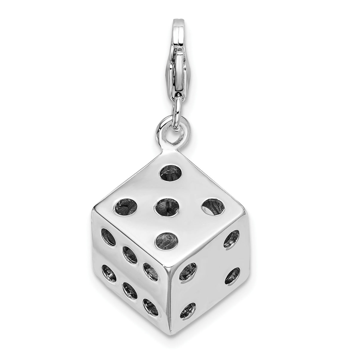 Sterling Silver Dice Charm Pendant with Black Enamel Dots and Crystal Accent, Unisex Novelty Jewelry