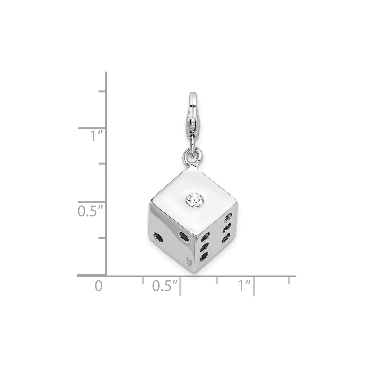 Sterling Silver Dice Charm Pendant with Black Enamel Dots and Crystal Accent, Unisex Novelty Jewelry