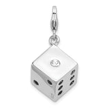Sterling Silver Dice Charm Pendant with Black Enamel Dots and Crystal Accent, Unisex Novelty Jewelry
