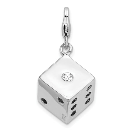 Sterling Silver Dice Charm Pendant with Black Enamel Dots and Crystal Accent, Unisex Novelty Jewelry