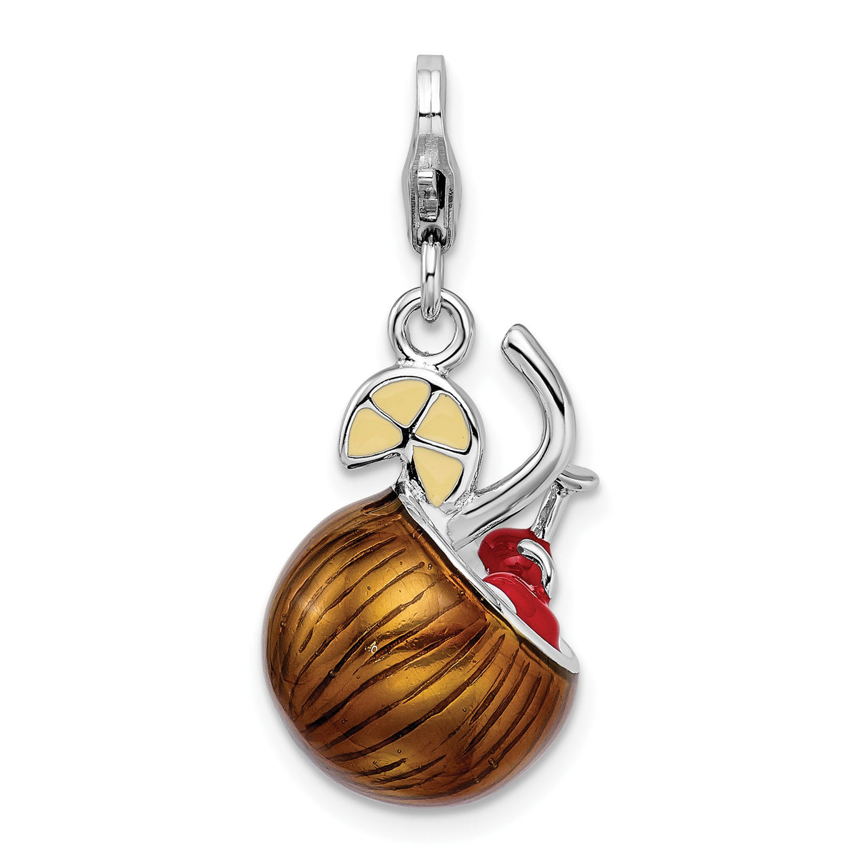 Sterling Silver Tropical Drink Charm with Enamel Umbrella, Lemon Slice, and Straw