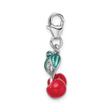 Sterling Silver Cherry Charm Pendant with Red Enamel and Green Leaf Detail