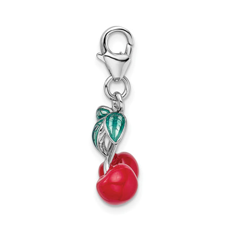 Sterling Silver Cherry Charm Pendant with Red Enamel and Green Leaf Detail
