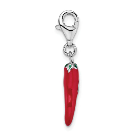 Sterling Silver Chili Pepper Pendant with Red Enamel, Italian Amulet Charm for Protection and Good Luck