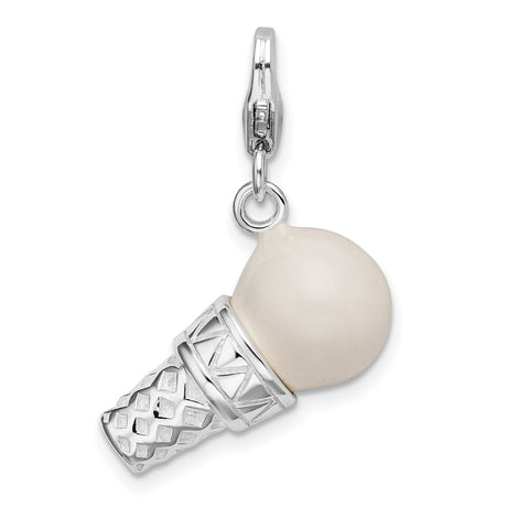 3-D Ice Cream Cone Clip-On Charm Pendant in Real 925 Sterling Silver