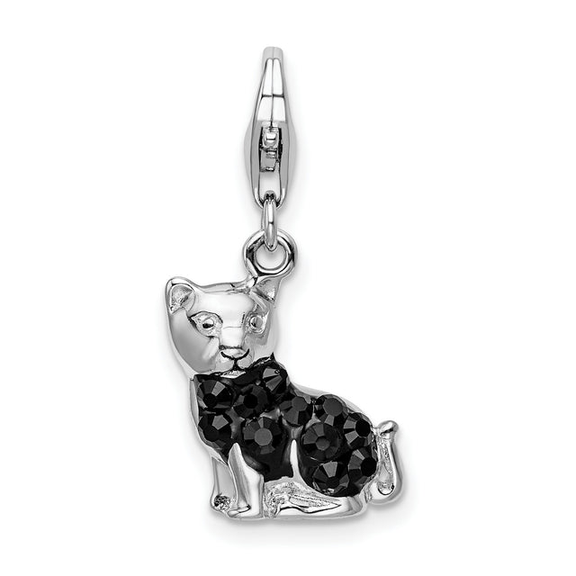 Black Crystal Cat Clip-On Charm Pendant in Real 925 Sterling Silver