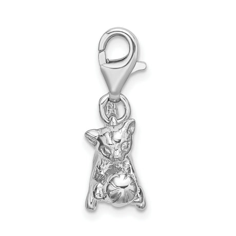 3-D Polished Kitten and Ball w Lobster Clasp Charm Pendant in Real 925 Sterling Silver