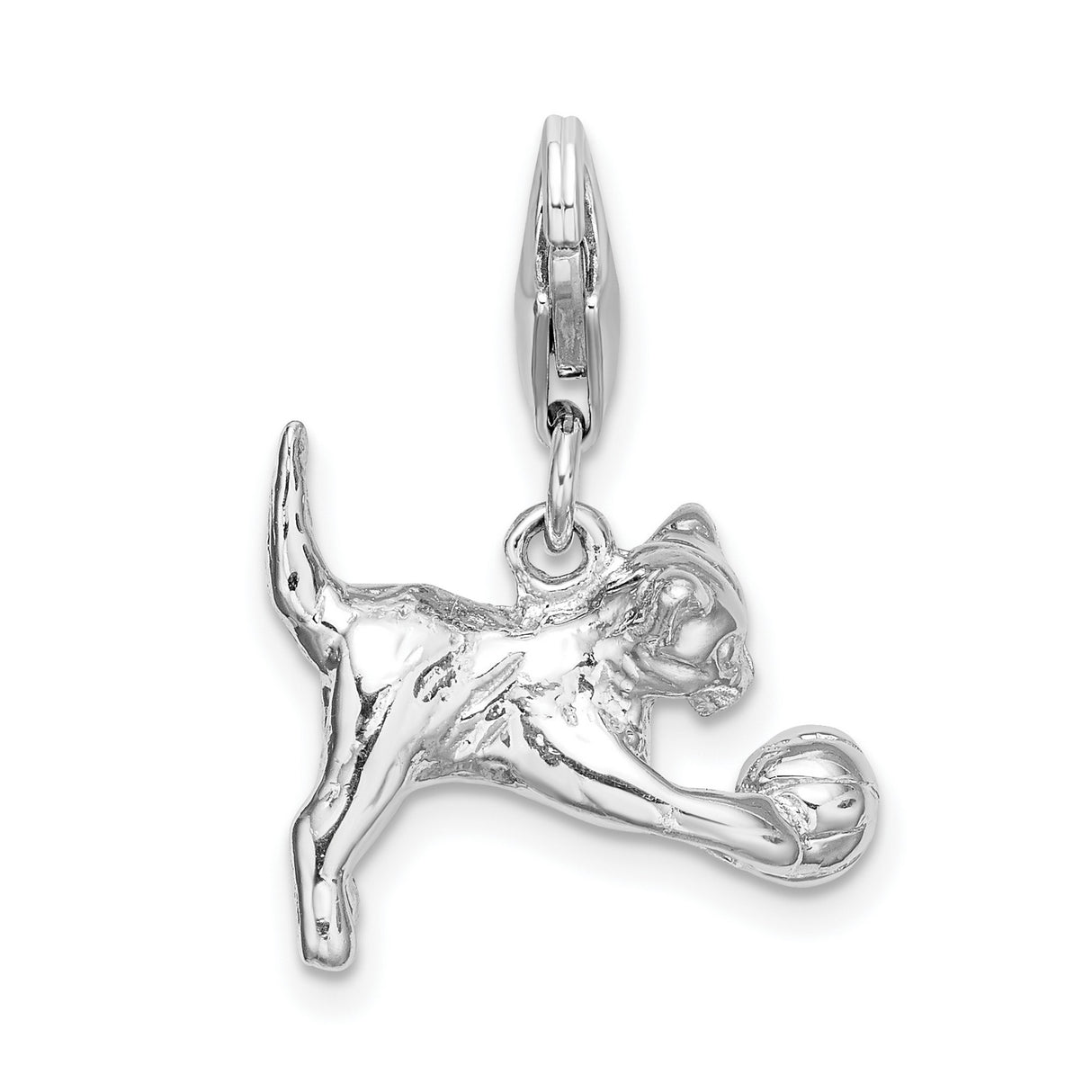 3-D Polished Kitten and Ball w Lobster Clasp Charm Pendant in Real 925 Sterling Silver