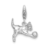 3-D Polished Kitten and Ball w Lobster Clasp Charm Pendant in Real 925 Sterling Silver
