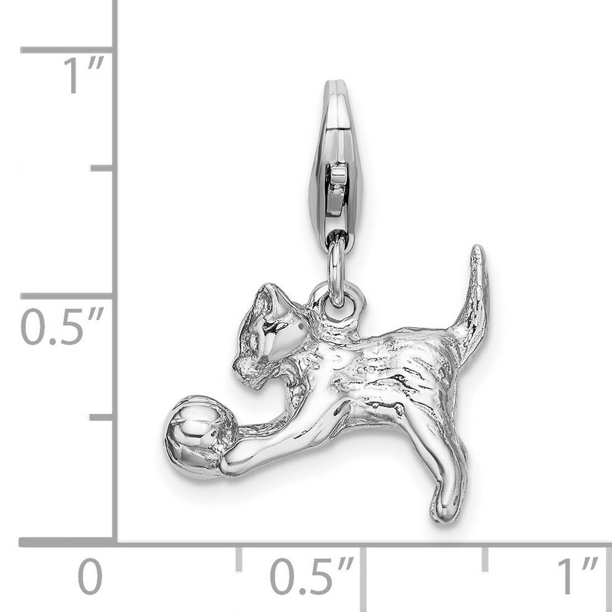 3-D Polished Kitten and Ball w Lobster Clasp Charm Pendant in Real 925 Sterling Silver