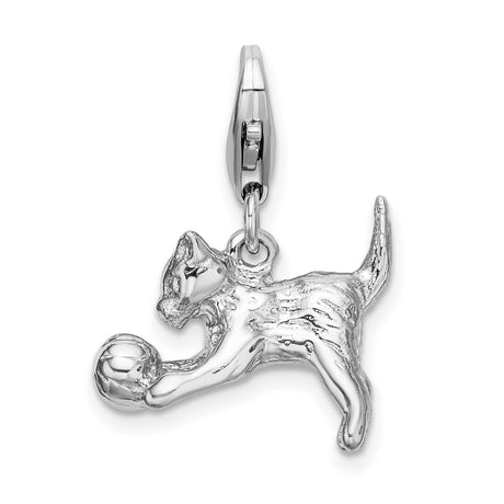 3-D Polished Kitten and Ball w Lobster Clasp Charm Pendant in Real 925 Sterling Silver