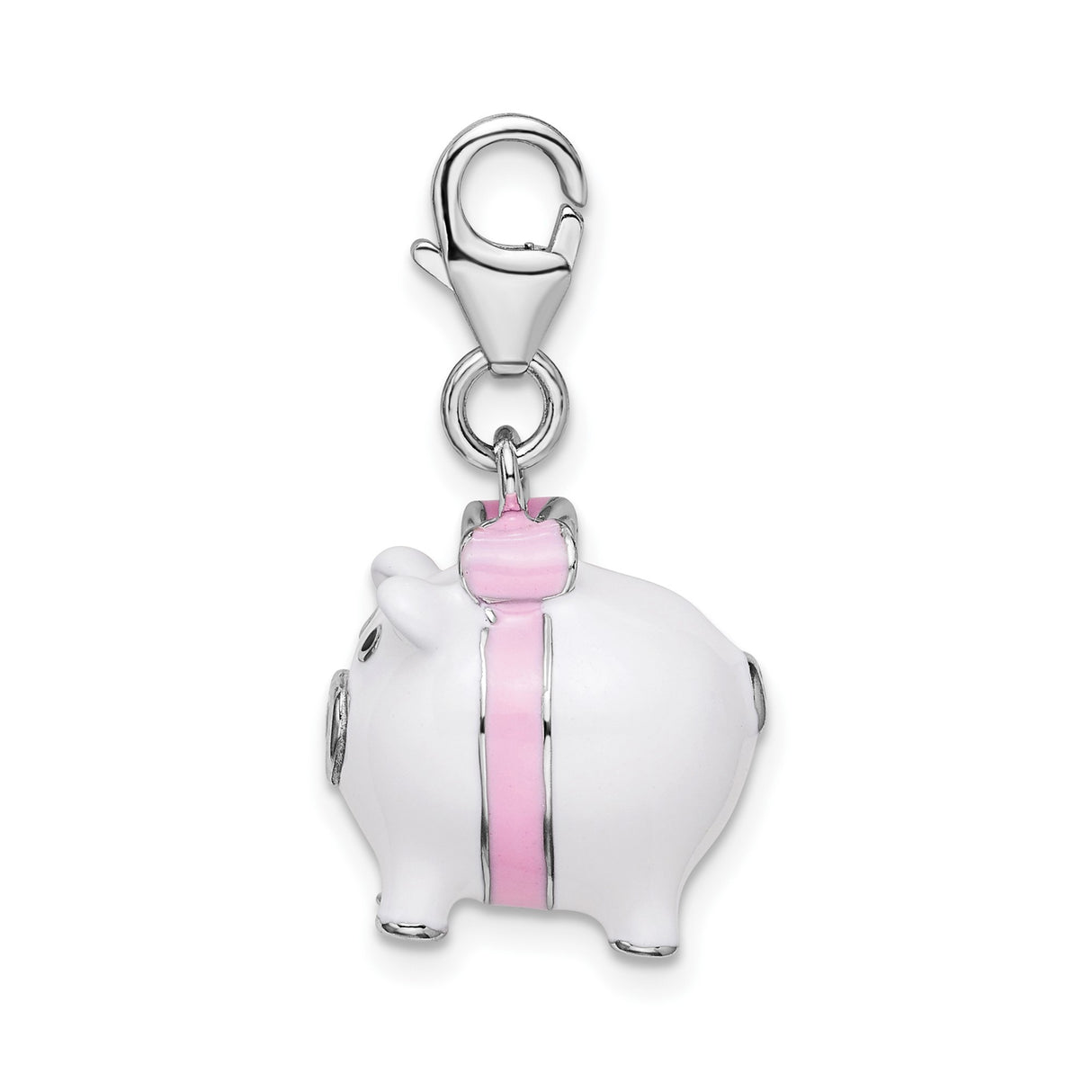 Sterling Silver Pig Charm Pendant with Pink and White Enamel, 3D Animal Totem Design