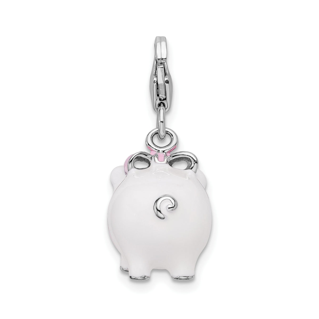 Sterling Silver Pig Charm Pendant with Pink and White Enamel, 3D Animal Totem Design