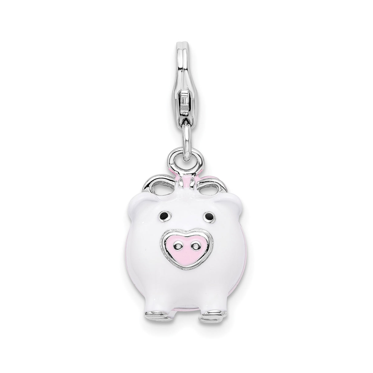 Sterling Silver Pig Charm Pendant with Pink and White Enamel, 3D Animal Totem Design