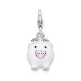 Sterling Silver Pig Charm Pendant with Pink and White Enamel, 3D Animal Totem Design