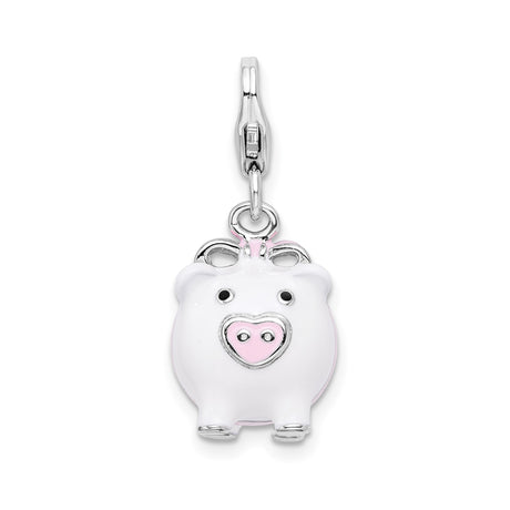 Sterling Silver Pig Charm Pendant with Pink and White Enamel, 3D Animal Totem Design