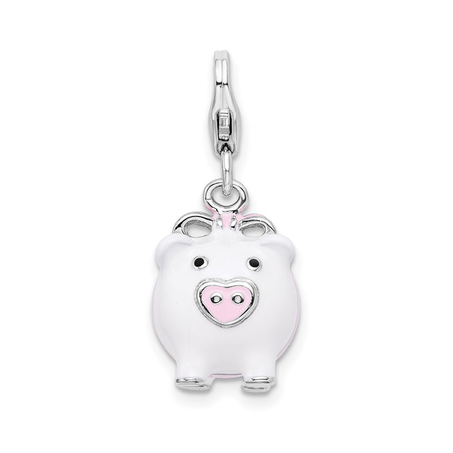 Sterling Silver Pig Charm Pendant with Pink and White Enamel, 3D Animal Totem Design