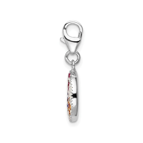 Sterling Silver Round Charm Pendant with Multicolor Cubic Zirconia, Pave Floral Design