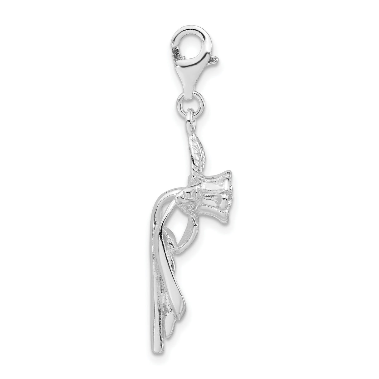 3-D Polished Flower Clip-On Charm Pendant in Real 925 Sterling Silver