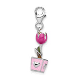 Sterling Silver Tulip Charm Pendant with Pink Enamel Flower Pot and Heart Cutouts