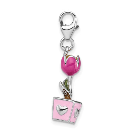 Sterling Silver Tulip Charm Pendant with Pink Enamel Flower Pot and Heart Cutouts