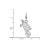 Sterling Silver Stroller Charm Pendant with White Enamel Flower and Scrollwork Detailing