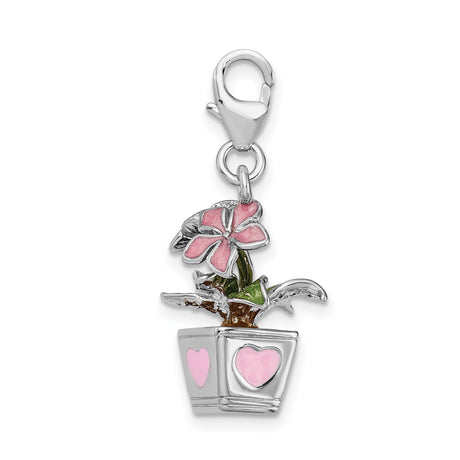 3-D Red Potted Flowers Clip-On Charm Pendant in Real 925 Sterling Silver