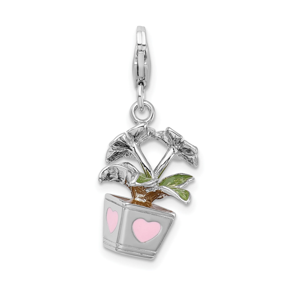 3-D Red Potted Flowers Clip-On Charm Pendant in Real 925 Sterling Silver