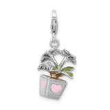 3-D Red Potted Flowers Clip-On Charm Pendant in Real 925 Sterling Silver