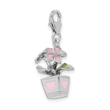 3-D Red Potted Flowers Clip-On Charm Pendant in Real 925 Sterling Silver