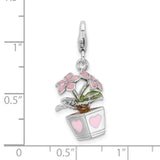 3-D Red Potted Flowers Clip-On Charm Pendant in Real 925 Sterling Silver