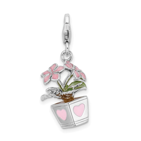3-D Red Potted Flowers Clip-On Charm Pendant in Real 925 Sterling Silver