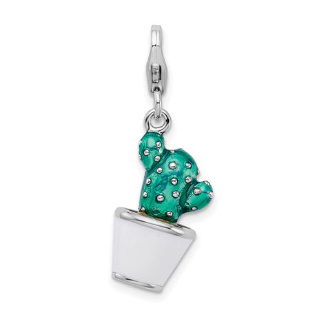 Sterling Silver Cactus Charm Pendant with Green Enamel, Desert Theme Jewelry for Women