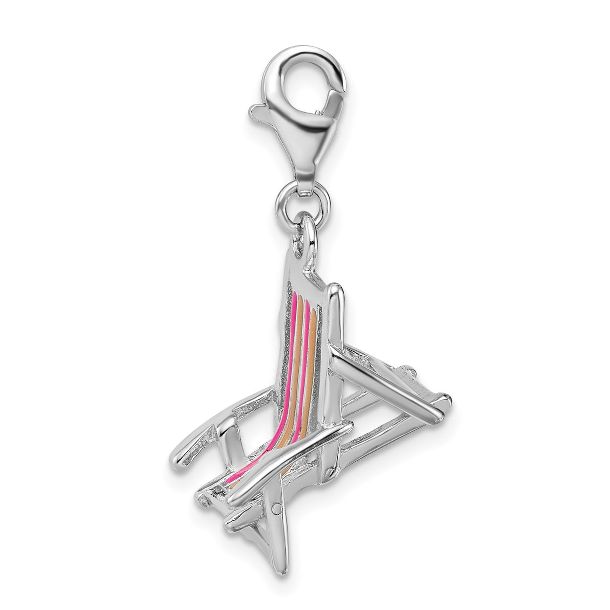 Sterling Silver Beach Chair Charm Pendant with Pink Orange Striped Enamel, Nautical Summer Theme