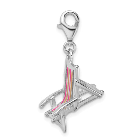 Sterling Silver Beach Chair Charm Pendant with Pink Orange Striped Enamel, Nautical Summer Theme