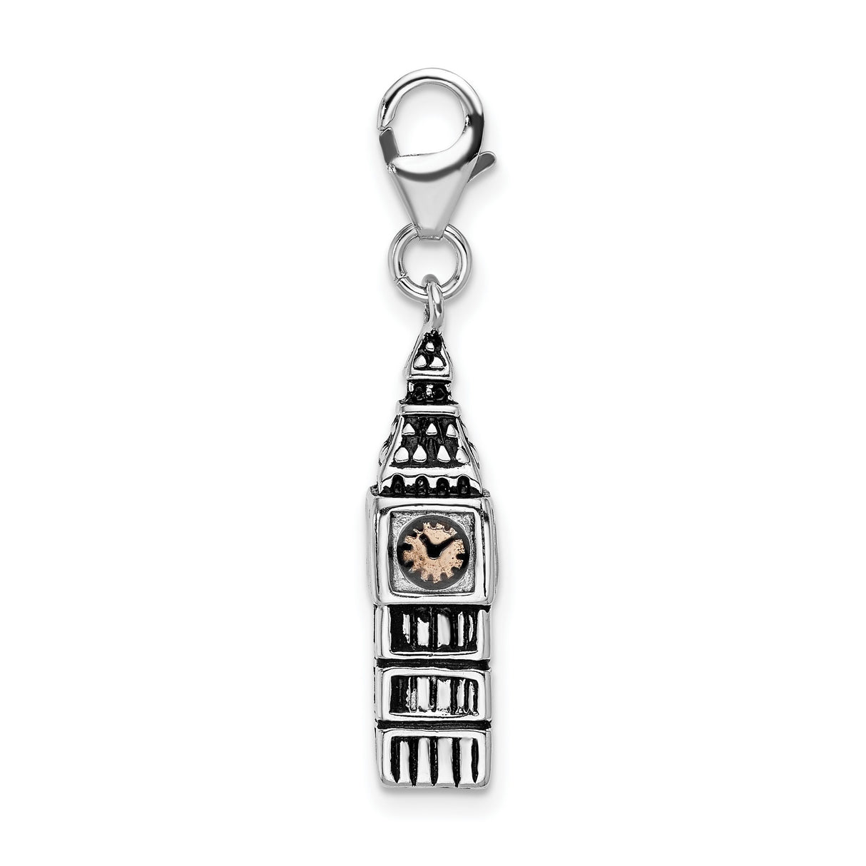 Sterling Silver Big Ben Pendant Charm with Bronze Clock Face, 3D London Tower Replica