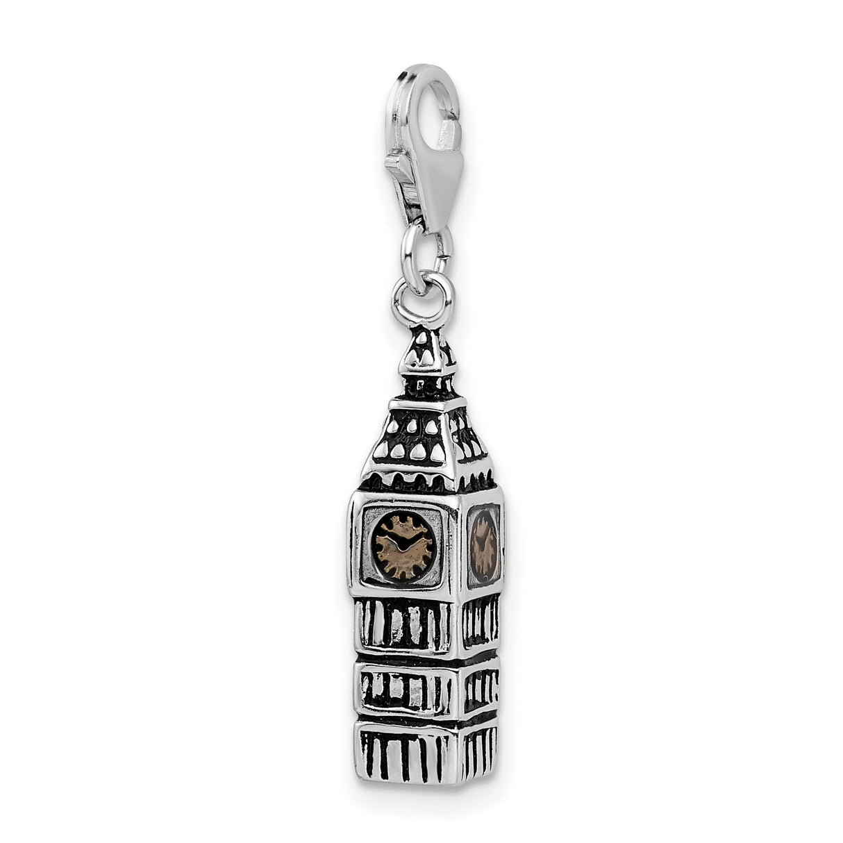 Sterling Silver Big Ben Pendant Charm with Bronze Clock Face, 3D London Tower Replica