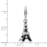 Sterling Silver Eiffel Tower Charm Pendant with Black Enamel and Cubic Zirconia