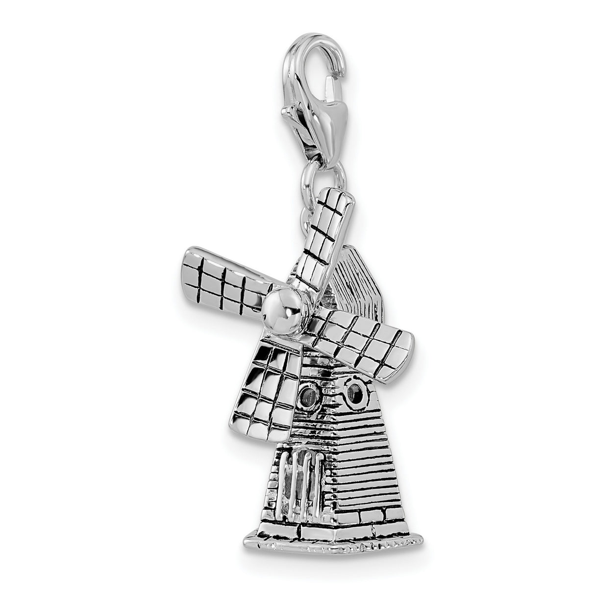 Moving 3-D Windmill Clip-On Charm Pendant in Real 925 Sterling Silver