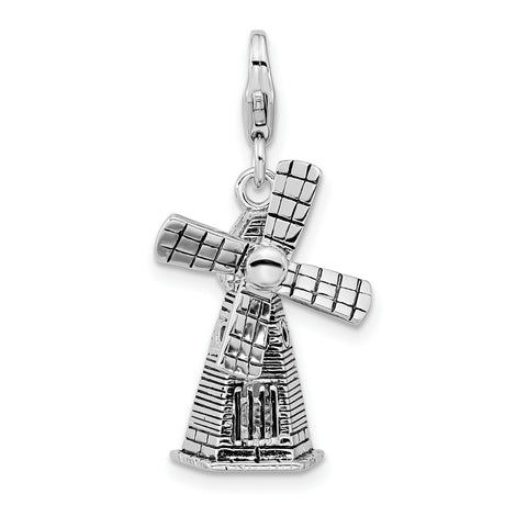 Moving 3-D Windmill Clip-On Charm Pendant in Real 925 Sterling Silver