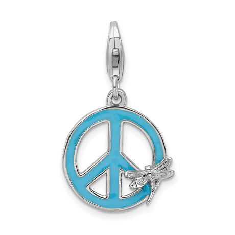 Sterling Silver Dragonfly Charm with Turquoise Enamel Peace Symbol, Boho Spiritual Pendant