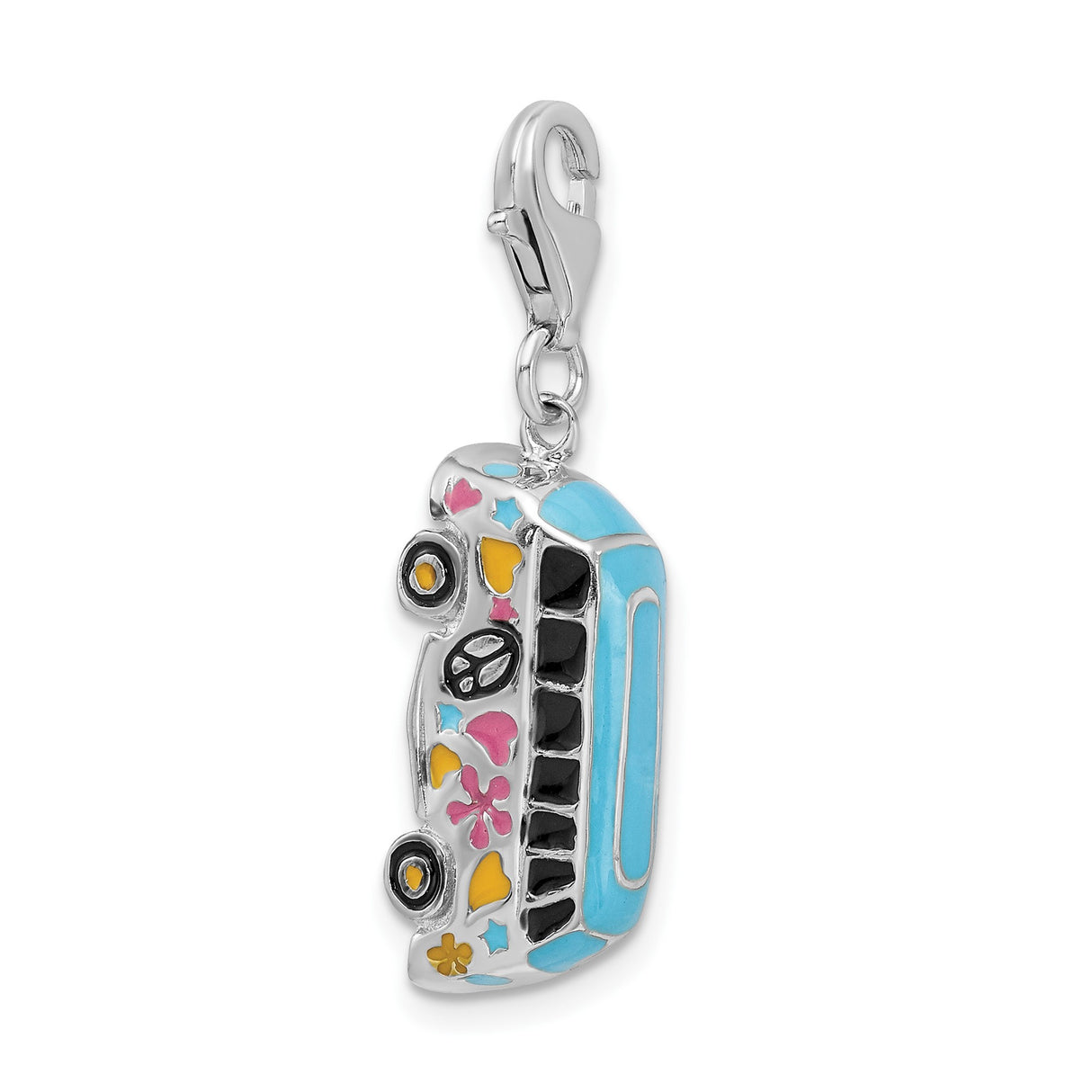 Sterling Silver Hippie Van Charm Pendant with Enamel Hearts, Flowers and Peace Signs