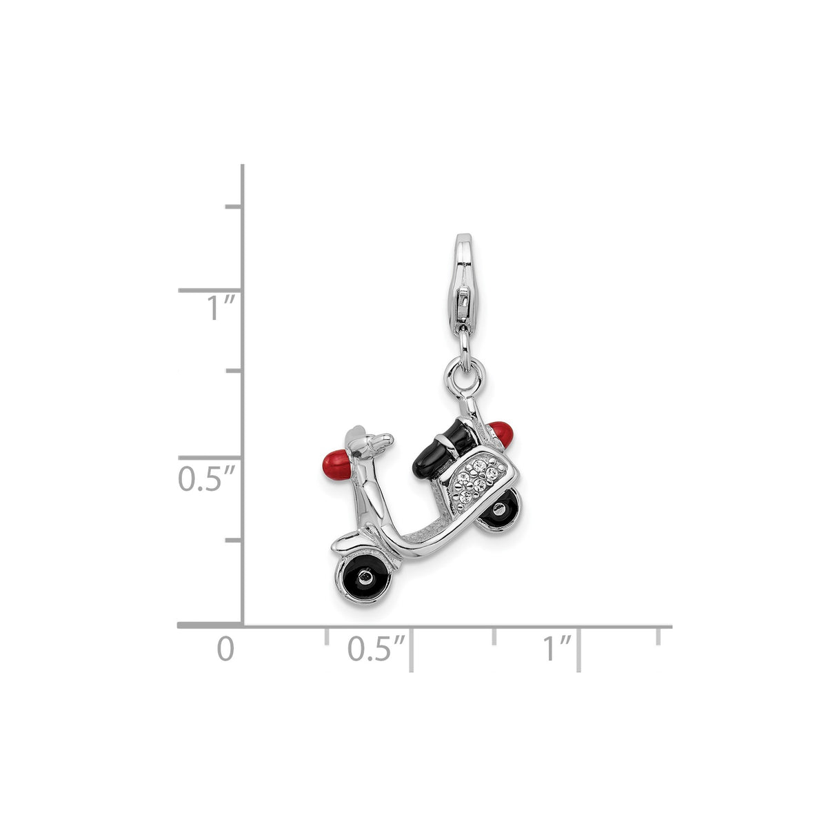 Sterling Silver Scooter Pendant Charm with Crystal Accents, Red and Black Enamel, Vespa Style